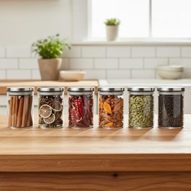 Resim Deconox 6’lı Paslanmaz Metal Vakum Kapaklı Cam Baharatlık Seti, Hava Almaz Silikon Contalı Lüks Erzak Saklama Kabı, Modern Mutfak Düzenleyici Kavanoz 200ml-250ml-325ml Seçenekli (250ML - 6,5CM-10CM) 