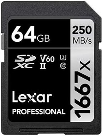 Resim Lexar Professional 1667x SD Kart 64 GB, SDXC UHS-II Bellek Kartı, 250 MB/s'ye kadar Okuma, 120 MB/s'ye kadar Yazma, Sınıf 10, U3, V60, SD için Profesyonel Fotoğrafçı, Videografer (LSD64GCB1667) 