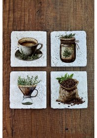 Resim Doğal Taş Bardak Altlığı - Kahve Temalı 10x10cm Stone Coasters Çok Renkli 