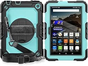 Resim Tablet Kılıfları Kindle Fire HD 8/Fire HD 8 Plus 2020 ile uyumlu Ağır Hizmet Darbeye Dayanıklı TPU Kılıf, Koruyucu Kapak W Ekran Koruyucu 360 Döner Ayaklık+El Kayışı+Omuz Askısı Tablet PC Kılıfı(Black 