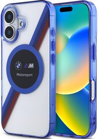 Resim İphone Uyumlu 16 Kılıf Bmw Lisanslı Magsafe Özellikli M Logolu Üç Renk Çizgili Motorsport Circle Şeffaf 