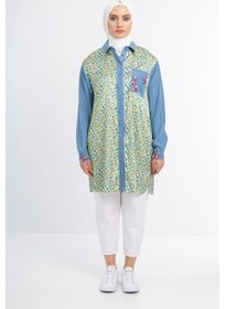 Resim Pureva Taş İşlemeli Tencel Ve Desen Kumaşlı Tunik - Desen - 3 Çok Renkli 