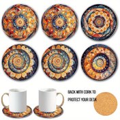 Resim 6'lı Set Yuvarlak Işıklı Ahşap Bardak Altlıkları, İçecekler için Mantar Ekli Bohem Tarzı Mandal Tepsiler Sanat Dekoru hakkında 9.5cm*9.5cm Kupa Matı Sanat Severler için Uygun Ev Dekorasyonu 
