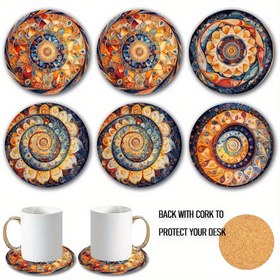 Resim 6'lı Set Yuvarlak Işıklı Ahşap Bardak Altlıkları, İçecekler için Mantar Ekli Bohem Tarzı Mandal Tepsiler Sanat Dekoru hakkında 9.5cm*9.5cm Kupa Matı Sanat Severler için Uygun Ev Dekorasyonu 