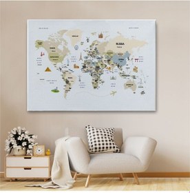 Resim Es10 Dünya Haritası Dekoratif Kanvas Tablo Ülke ve Başkentli Öğretici ve Sembollü 2301 (95 x 165) 