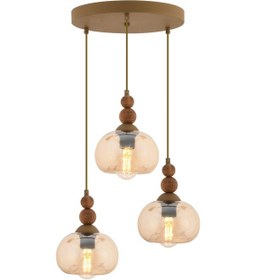 Resim Vinta 3'lü Yuvarlak Eskitme Ahşap Detaylı Bohem Salon Sarkıt Avize Eskitme 