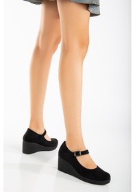 Resim Baretli Suni Deri Siyah Süet Kadın Dolgu Taban Ayakkabı-3104 Siyah - Kahverengi 