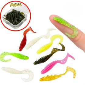 Resim 30 adet paket başına, 2 boyutlu çok renkli yumuşak yem seti kuyruk hareketiyle, leopar alabalığı, kırmızı balık, levrek için dayanıklı tatlı/su yemi, gerçekçi hareketli yapay solucanlar - balık tutkunları için hediye 