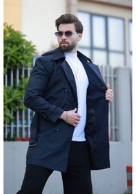 Resim Erkek Premium Apoletli Deri Trençkot & Pardesü Lacivert 