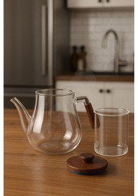 Resim Akasya Kapaklı Ve Saplı Yuvarlak Cam Demlik - Isıya Dayanıklı - Cam Demlikli - Akasya Kapaklı Cam 