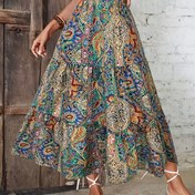 Resim Kadın Bohem Çiçek Desenli A-Line Etek - Hafif Polyester, Yüksek Bel Maxi Etek Bahar/Yaz Tatili için, Turuncu ve Beyaz Çiçek Deseni, Elastik Bel, Makinede Yıkanabilir, Yüksek Bel Etek 