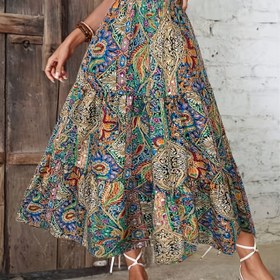 Resim Kadın Bohem Çiçek Desenli A-Line Etek - Hafif Polyester, Yüksek Bel Maxi Etek Bahar/Yaz Tatili için, Turuncu ve Beyaz Çiçek Deseni, Elastik Bel, Makinede Yıkanabilir, Yüksek Bel Etek 