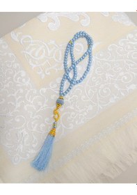 Resim Kişiye Özel Pamuk Dokulu Seccade Ve İnci Tesbih Özel Hediye Seti Mavi 