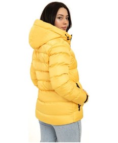 Resim Kadın Sarı Kapüşonlu Içi Polarlı Kürklü Su Geçirmez Rüzgara Dayanıklı Şişme Mont Kaban Parka Sarı 