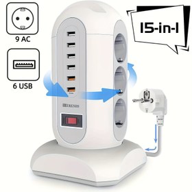 Resim 15'li Çoklu Çıkışlı Elektrikli Çıkış, Anahtarlı, 9 AC Çıkışı, 6 USB Portu, 1.8m Kablo, Ev, Ofis, Mutfak İçin Aşırı Gerilim Koruması, 220-240V Fiş Gücü 