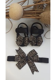 Resim Leopar Desenli Bebek Patik Ve Bandana Seti Siyah 