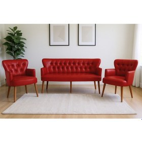 Resim Azra Mobilya Kırmızı Deri Chester Tarz Koltuk Takımı Modern Tasarım, Dayanıklı Ahşap Ayaklı Oturma Grubu 3+1+1 Kırmızı 