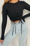 Resim Edela İp Büzgülü Siyah Crop Bluz Edl-1523 