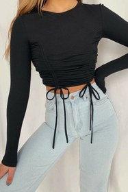 Resim Edela İp Büzgülü Siyah Crop Bluz Edl-1523 