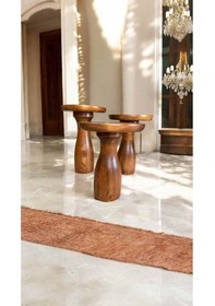 Resim Ahşap Mantar Sehpa Seti 3 Lü Açık Ceviz Renk Fiskos Ve Zigon Kahverengi 