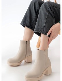 Resim Bej Lastikli Fermuarlı Kalın Topuklu Günlük Kadın Bot Bej 