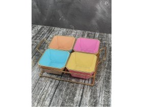Resim Beta Moda Hub 4 Bölmeli Gold Standlı Cam Kahvaltılık Çerezlik Sunumluk Renkli 