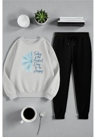 Resim Uyguntarz Unisex Today İs The Perfect Tasarım Basklı Bisiklet Yaka Sweatshirt - 2'li Eşofman Takımı Gri 