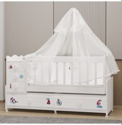 Resim Garaj Home Melina Mdf Çıtalı Beşik + Yatak + Uyku Seti - Denizci Beyaz 