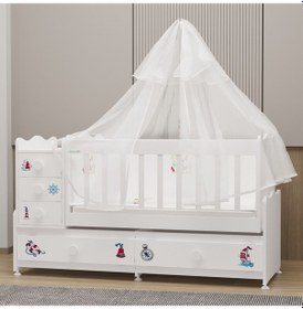 Resim Garaj Home Melina Mdf Çıtalı Beşik + Yatak + Uyku Seti - Denizci Beyaz 