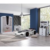 Resim Setay Çocuk Odası - Vento Arabalı Yatak - Sport 3 Kapılı Dolap, Masa, Şifonyer - Beyaz 