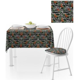 Resim Yaprak Desenli Siyah Beyaz Zemin Turuncu Yeşil Dijital Baskılı Petek Dokuma Masa Örtüsü 140x260 