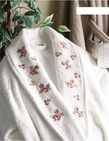 Resim Dantela Premium Soft Nakışlı Aile Bornoz Seti-Gülce Krem Bej Krem - Bej 