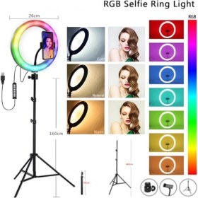 Resim Asfal 10 inç 26 cm Rgb Işık Çok Renkli LED Make Up Selfie Işığı 210 cm Tripot Selfie Çubuğu Tiktok Işığı 