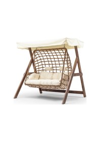 Resim Girne Swing Ahşap Rattan Salıncak Dış Mekan Bahçe Balkon Ve Teras Salıncağı Krem 