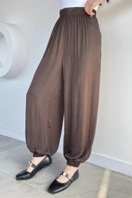 Resim Gülseli Kadın Bel Ve Paça Lastikli Şalvar Model Pantolon Kahve TZL-P-00021430 