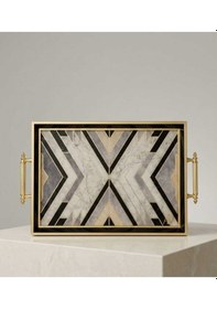 Resim Geometrik Desenli Gold Kulplu Dekoratif Sunum Tepsisi 