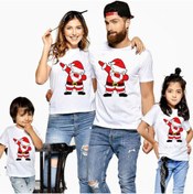 Resim HediyeMania Beyaz Yılbaşı Tişörtü 4lü Aile Kombini Anne Baba 2 Çocuk Pamuklu Tshirt Noel Baba Baskılı 