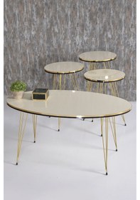 Resim Zigon Sehpa Ve Orta Sehpa Elips Set Çift Gold Krem Tel Ayak 