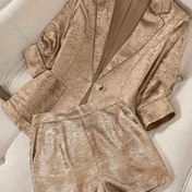 Resim Kadınlar için Rahat Düz Renkli Blazer ve Şort Takımı - Polyester, Düğmeli, Yaka Yaka, Düzenli Kesim, Bahar/Yaz/Sonbahar için İdeal, Rahat Kıyafet|Minimalist Ceket|Polyester Kumaş 
