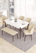 Resim Canisa Concept Eva Serisi 80x132 Açılabilir Mdf Mutfak Masası Takımı Beyaz Ceviz Masa 4 Krem Sandalye 1 Bench 
