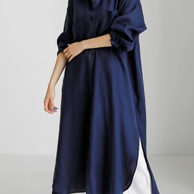 Resim Şık Kraliyet Mavisi Maksi Gömlek Elbise - Hafif Polyester, Düğmeli Yaka Tasarımı ve Cepli, İlkbahar/Yaz/Sonbahar için Şeffaf Olmayan, Makinede Yıkanabilir 