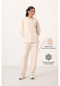 Resim Bej Yumuşak Dokulu Kapüşonlu Oversize Kadın Eşofman Tunik Takım - 95348 Bej 