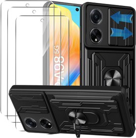Resim KZIOACSH OPPO A98 5G için kılıf, [Dahili Kickstand] [Slayt Kamera Kapağı] [Çıkarılabilir Kart Tutucu] TPU+PC Askeri Sınıf Çizilmez Sert Darbeye Dayanıklı Tampon Kapağı 3 Temperli Cam Ekran Koruyucu 