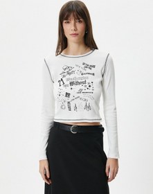 Resim Koton Baskılı Tişört Uzun Kollu Bisiklet Yaka Slim Fit Beyaz 4sak50277ek 4SAK50277EK000 Beyaz 