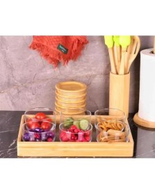 Resim Bambum Duo Kahverengi Tepsili Bambu Kapaklı Cam Kahvaltılık 300 ml 6'lı 