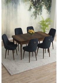 Resim Meri Serisi 80x132 Açılabilir Mdf Barok Ahşap Desen Masa Takımı 6 Antrasit Sandalye Antrasit 