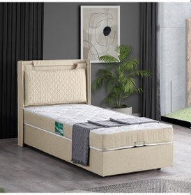 Resim Setaymobilya Baza, Zagreb Tek Kişilik Baza + Başlık + Comfort Yatak, Krem 
