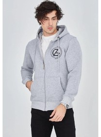 Resim Barlashive Erkek 3 İplik Pamuklu Fermuarlı Kapüşonlu Kanguru Cepli Baskılı Hoodie Hırka Sweatshirt -gri Çok Renkli 