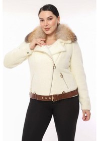 Resim Lady Sharm Natural Lama Deri Kemer Yaka Kaban Krem 