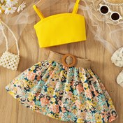 Resim Soğuk Pinafore Üst ve Etek Takımı, Dijital Baskılı, Zarif Omuz Açık Stil, Polyester, Çiçek Desenli, Kısa Boy, Vücuda Oturan Kesim, Gençler İçin Şık Kemerli, Yaz Tatili Görünümü 